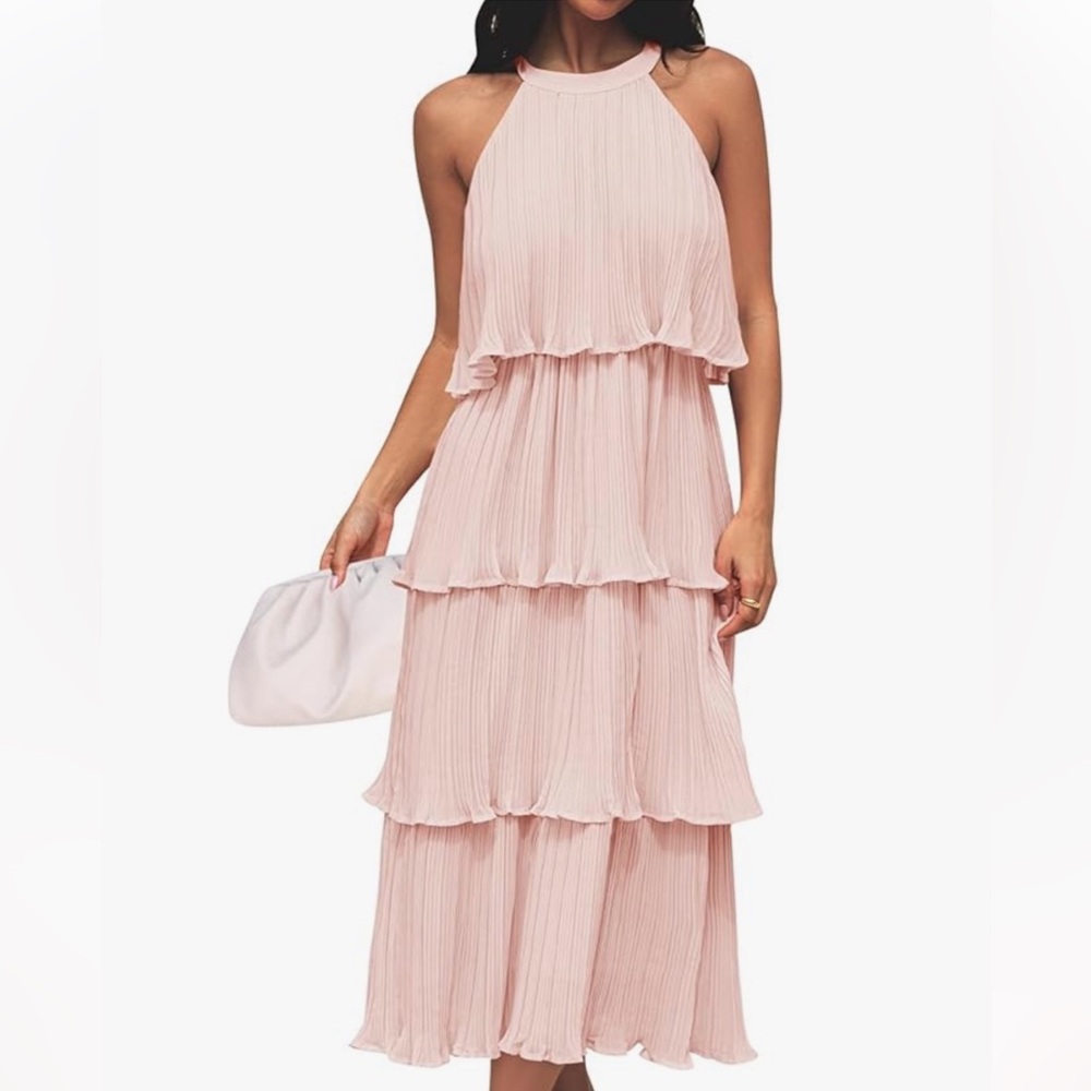 Amazon Pink Ruffled Tiered Midi Sundress